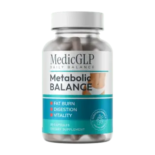 Bottle of MedicGLP Metabolic Balance capsules, the manufacturer's own product photo
