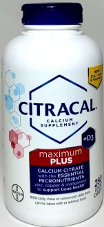 Bottle of Citracal Maximum Plus Calcium Citrate with Vitamin D3, 280 coated caplets