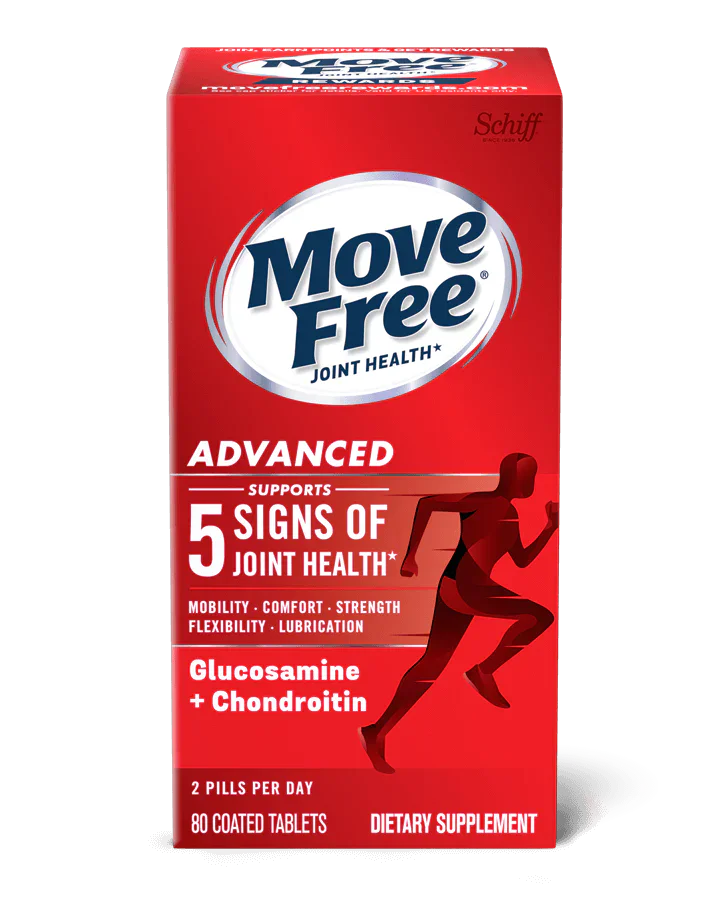 Move Free Advanced Glucosamine + Chondroitin joint supplement box, 80 coated tablets
